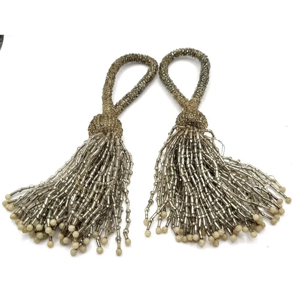 Vintage Pair of 2 Silver Beaded Tassel Ties 6.5in
